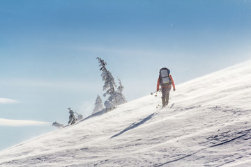 Fototapeta na wymiar Alone skier hiking with a backpack in winter mountains slopes