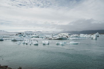 Iceland Breathtaking blue lake landscape with blue icebergs