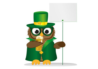 Happy owl with beer in a national costume and hat on St. Patrick's Day 