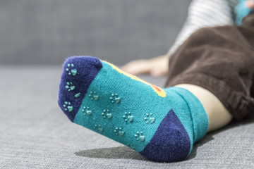 Non-slip socks worn by the child