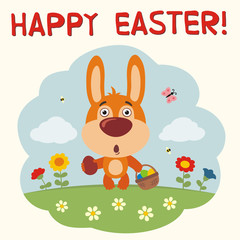 Obraz na płótnie Canvas Happy Easter! Funny bunny rabbit with basket eggs in cartoon style. Easter card with bunny rabbit.