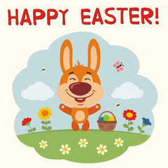 Obraz na płótnie Canvas Happy Easter! Funny bunny rabbit with basket eggs. Easter card with bunny rabbit in cartoon style.