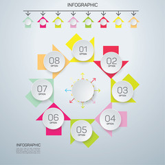 Infographic circle with 8 options. Round chart for business infographics with the set of flat icons and design elements. Can be used for web, diagram, chart, graph, report, step options.