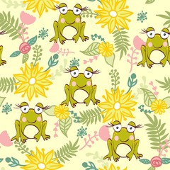 Seamless pattern with cartoon frog in light colors.