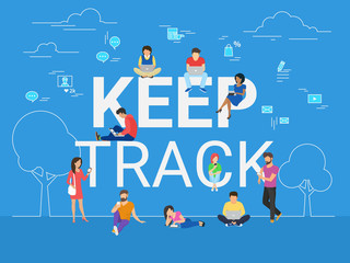 Keep track concept illustration of young men and women using devices such as laptop, smartphone, digital tablets. Flat design of people addicted to gadgets and typing comments in community and network