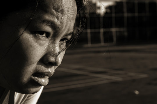 Black and White picture, closeup  sweating of asian women . Exercising I
