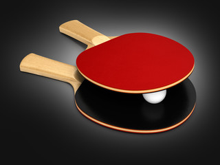 ping-pong rackets and ball on black gradient background 3d