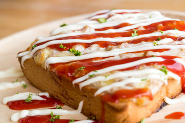 closeup fresh homemade tuna toast slice baked bread with tomato pizza sauce