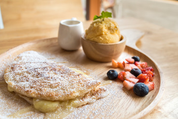 closeup fresh homemade dessert soft vanila roti with cool ice cream