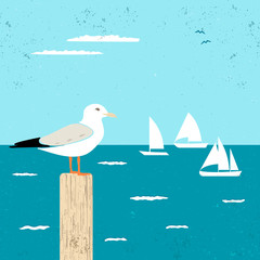 Vitage Poster with Seagull and Ships