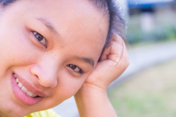 Asian girl, Closeup mouth with smiling young woman