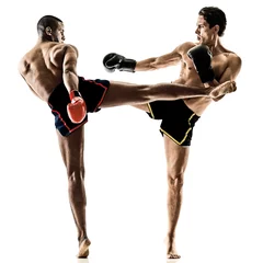 Papier Peint photo Arts martiaux two caucasian Muay Thai kickboxing kickboxer thai boxing men isolated on white background