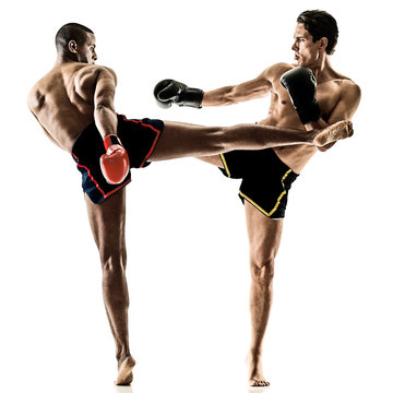 Two Caucasian Muay Thai Kickboxing Kickboxer Thai Boxing Men Isolated On White Background