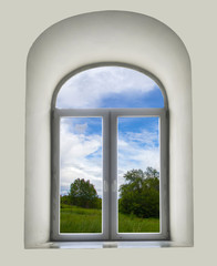 white semicircular modernist windows on a white wall
