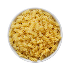 Dry Pasta Fusilli in White Bowl Top View