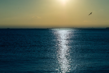 Obraz premium Beautiful landscape with sunlight reflection over the sea