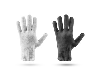 Blank knitted winter gloves mockup set, black and white. Clear ski or snowboard mittens mock up, isolated on white. Warm hand clothes design template. Plain arm accessory presentation for branding.