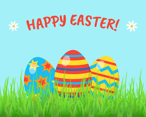 Happy Easter greeting card or poster with Eggs, Grass, Flowers
