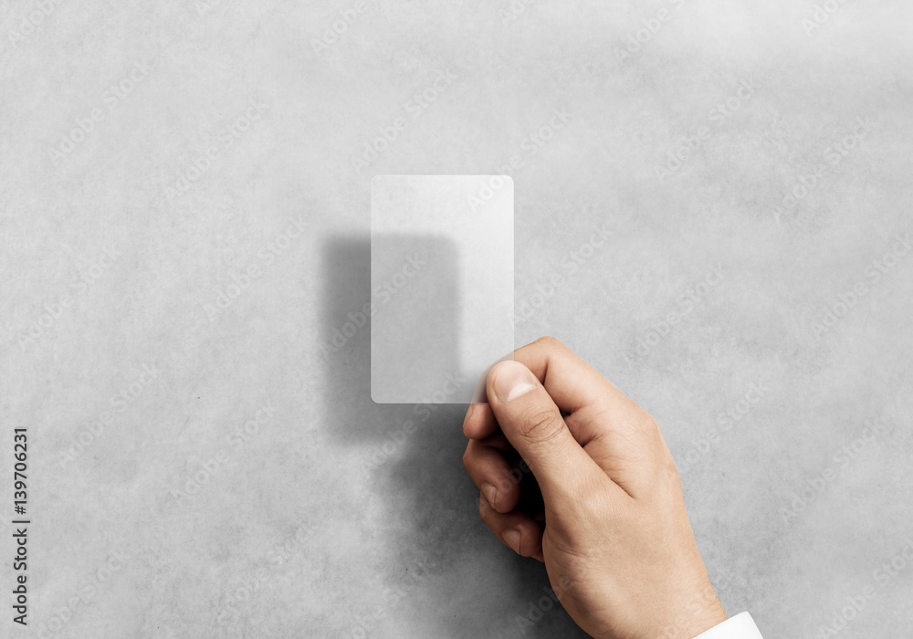 Poster hand hold blank vertical translucent card mockup with rounded corners. plain clear call-card mock up