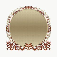 Elegant bright gold round frame, painted lines with swirls	