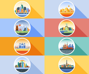 Vector icon circle flat style architecture buildings town city country travel Moscow Russian capital France, Paris, Japan, India, Egypt, pyramids, China, Brazil, USA