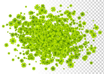 Green four-leaf clovers cloud splash isolated on white and transparent grid background