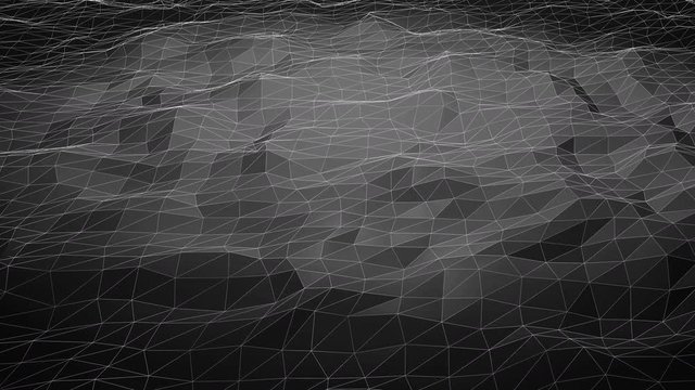 Black abstract polygonal background with shifting wireframe lines. Seamlessly loopable computer generated 3d animation.