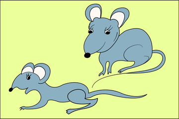 Two gray and blue mouses on the yellow green backgroung