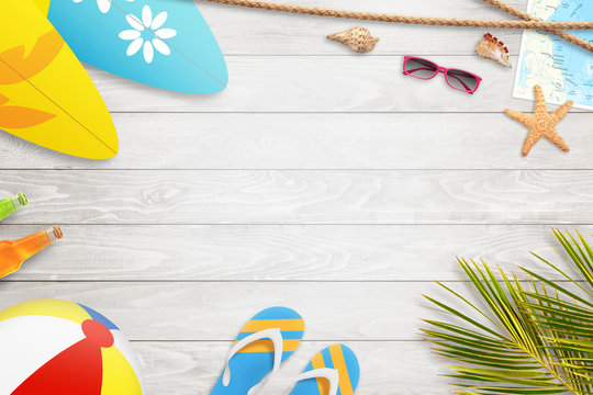 Summer holiday background with free space for text. Slipers, palm, ball, surfboard, sunglasses, map, starfish and shell beside. White wooden table. Top view.