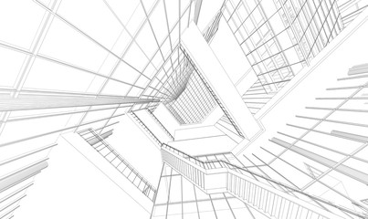Perspective 3D render of building wireframe. - 139712439