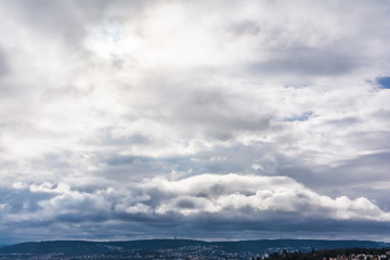 Dramatic Sky Over City Hills Clear Clouds Dark Stormy Sun Bright Shadows Fluffy Blue Emotion Mood