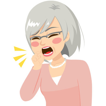 Illustration of senior woman coughing with fist in front of mouth
