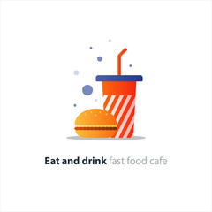 Burger and high red tumbler glass with straw, fast food order