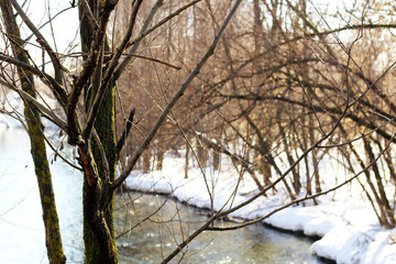 Beautiful nature, early spring, river and snow