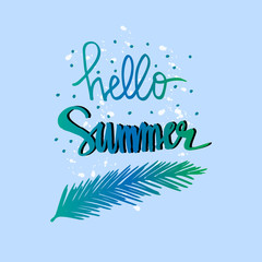 Hello Summer card. Palm tree and calligraphy lettering.