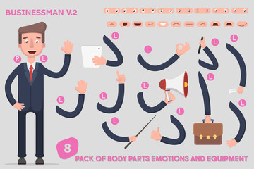 Parts body template for design work and animation. Funny office man cartoon. Vector illustration on light background. Set the character says costume animations. Men game.
