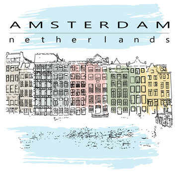 An illustration of a row of typical dutch canal houses in Amsterdam, the Netherlands.