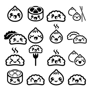 Kawaii Chinese dumplings, cute Asian food Dim Sum vector icons set 
 