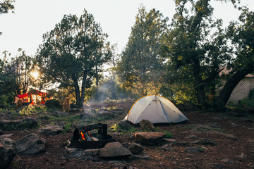 The start of a sunset over a camp site high in the mountains of arizona