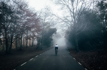 A silhouette of a cyclist riding in the foggy and misty forest road