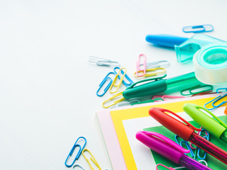 Stationery colorful writing tools accessories pens pencils, color paper. Back to school. Office supplies products