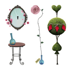 Fantasy isolation  elements a Wonderland for  magic poster or illustration with  tree, mirror, table, rose 