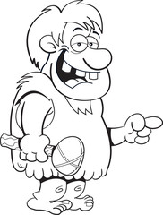 Black and white illustration of a caveman pointing.