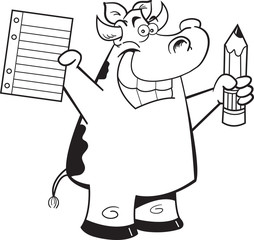 Black and white illustration of a cow holding a paper and pencil.