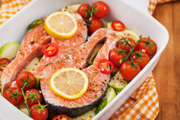 Raw fresh salmon and vegetables before cooking