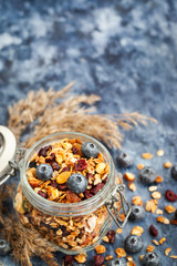 Homemade granola in jar and fresh blueberry