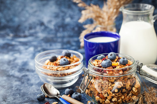 Homemade Granola In Jar, Fresh Blueberry And Milk