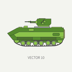 Fototapeta premium Line flat color vector icon infantry assault armored army truck. Military amphibious vehicle. Cartoon vintage style. Soldiers. Tractor unit. Tow auto. Simple. Illustration and element for your design.