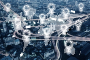 Map pin in cityscape and network connection. Connection concept.