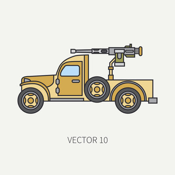 Line flat color vector icon armed open body army pickup. Military vehicle. Cartoon vintage style. Machine gun. Mobile weapon emplacement. Tractor unit. Tow. Illustration and element for your design.